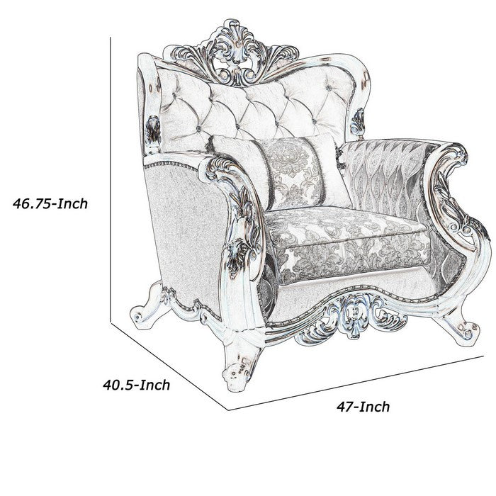 Button Tufted Wingback Chair with Crown Top and Carvings, Brown and Beige