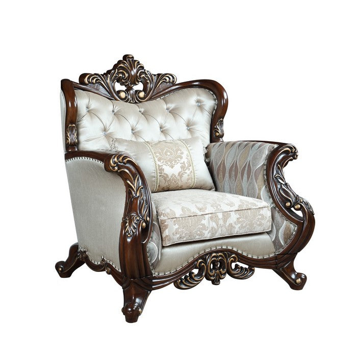 Button Tufted Wingback Chair with Crown Top and Carvings, Brown and Beige