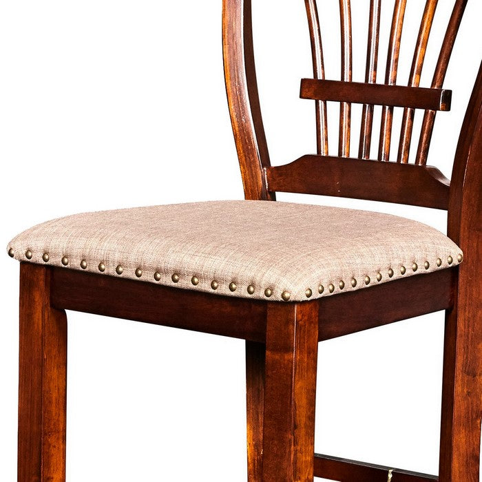 Slatted Back Wooden Counter Chair with Nailhead Trim, Set of 2, Brown