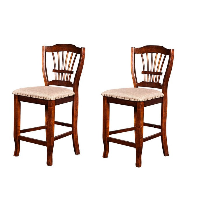 Slatted Back Wooden Counter Chair with Nailhead Trim, Set of 2, Brown