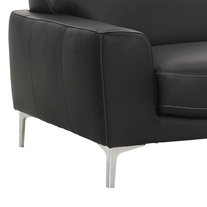 Modern Leatherette Wooden Sofa with Stitching Details and Metal Legs, Black