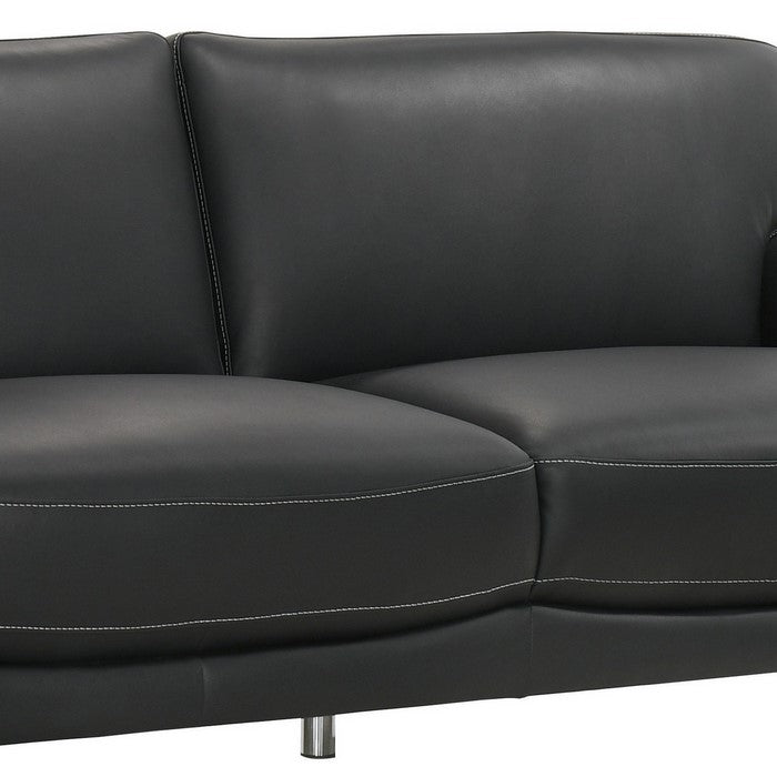 Modern Leatherette Wooden Sofa with Stitching Details and Metal Legs, Black
