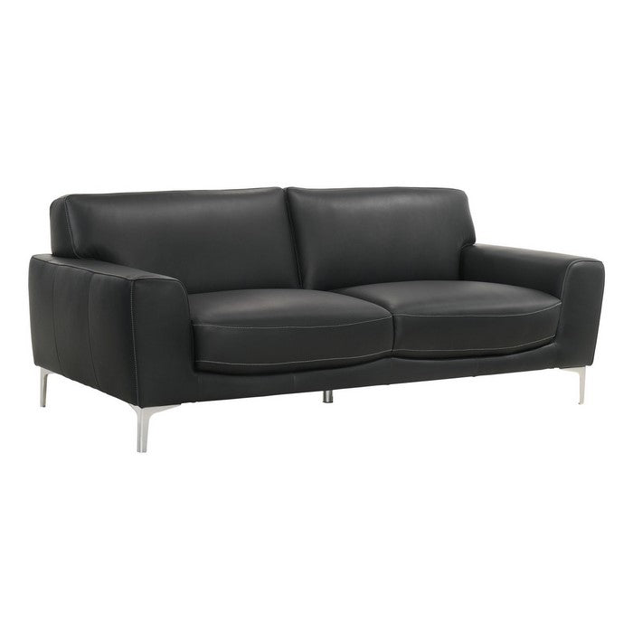 Modern Leatherette Wooden Sofa with Stitching Details and Metal Legs, Black