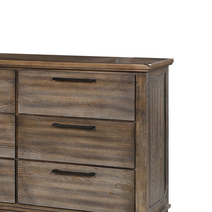 6 Drawer Wooden Dresser with Metal Bar Pulls, Brown and Gray