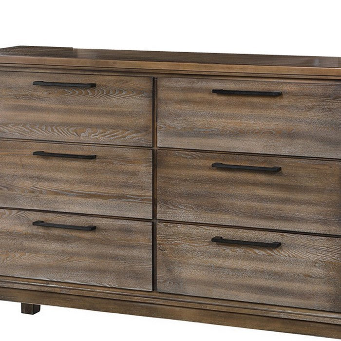 6 Drawer Wooden Dresser with Metal Bar Pulls, Brown and Gray