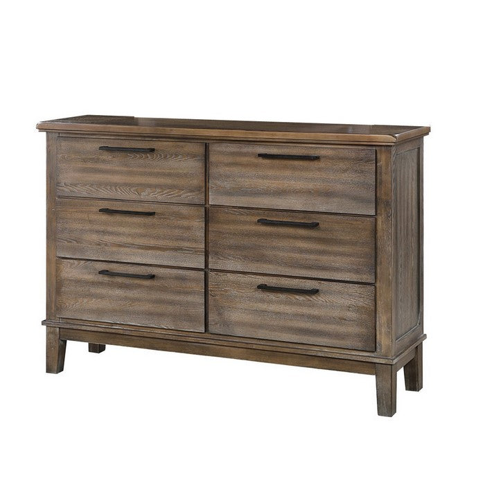 6 Drawer Wooden Dresser with Metal Bar Pulls, Brown and Gray