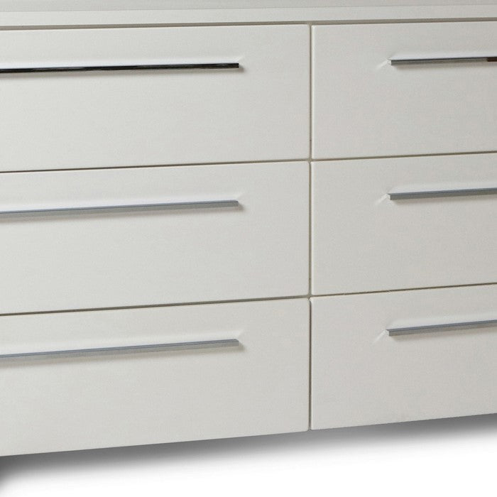 Contemporary Style 6 Drawer Wooden Dresser with Metal Pulls, White
