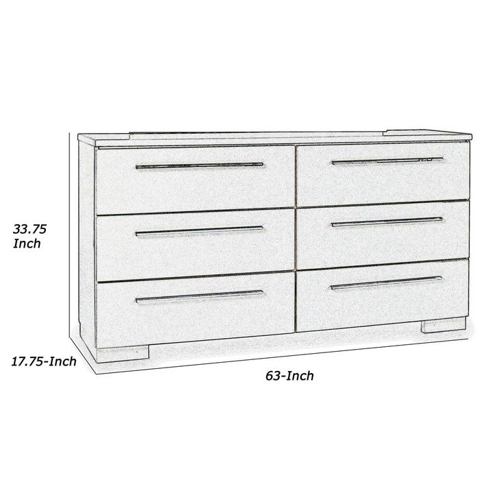 Contemporary Style 6 Drawer Wooden Dresser with Metal Pulls, White