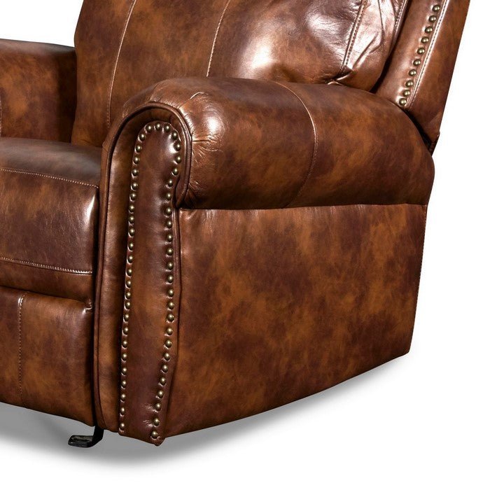 Fabric Upholstered Power Recliner Chair with Nailhead Trim Details, Brown