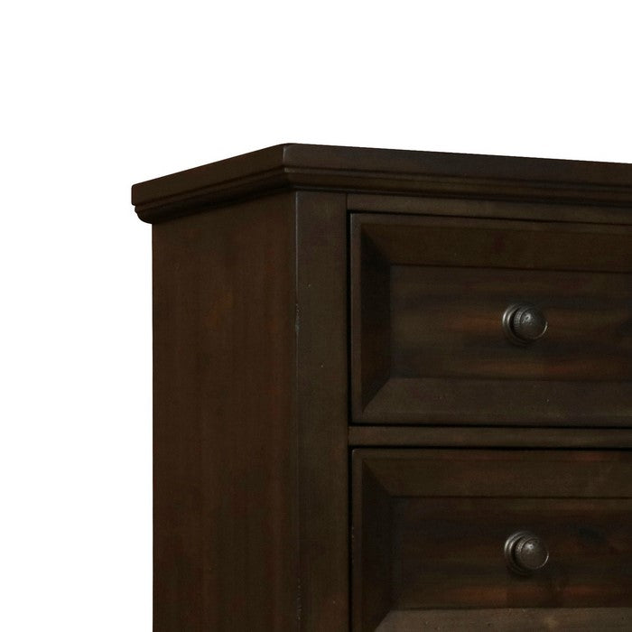 5 Drawer Wooden Chest with Metal Pulls and Tapered Block Legs, Brown