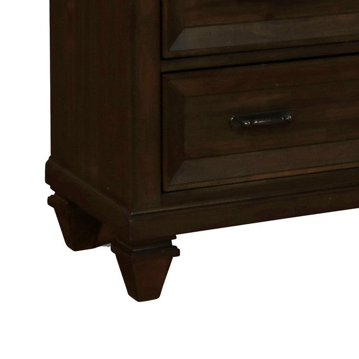 5 Drawer Wooden Chest with Metal Pulls and Tapered Block Legs, Brown