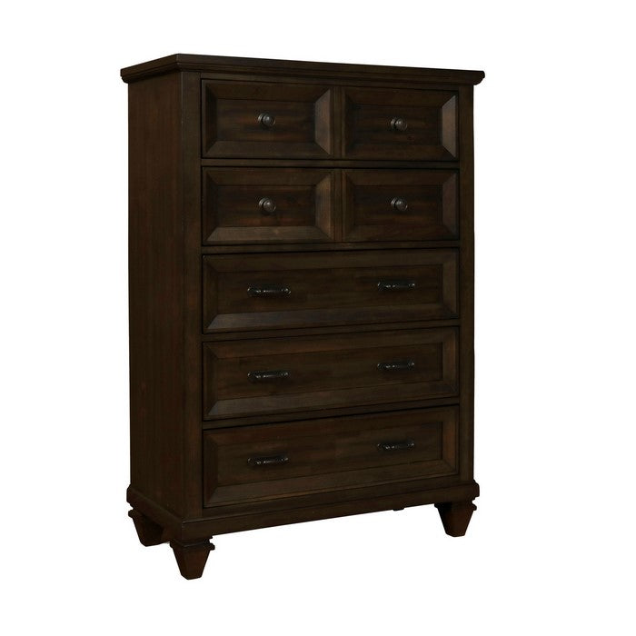 5 Drawer Wooden Chest with Metal Pulls and Tapered Block Legs, Brown