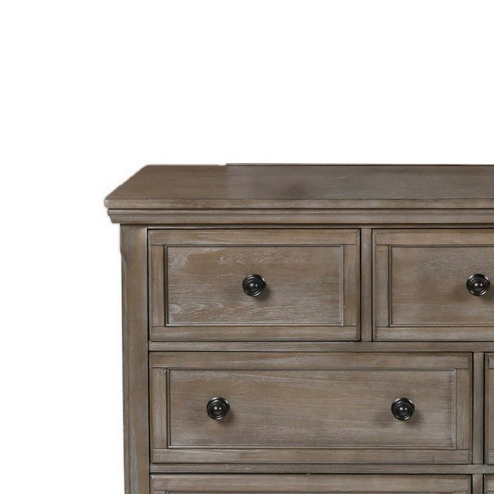 7 Drawer Wooden Dresser with Metal Pulls and Bun Feet, Distressed Brown