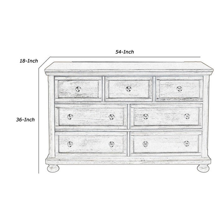 7 Drawer Wooden Dresser with Metal Pulls and Bun Feet, Distressed Brown