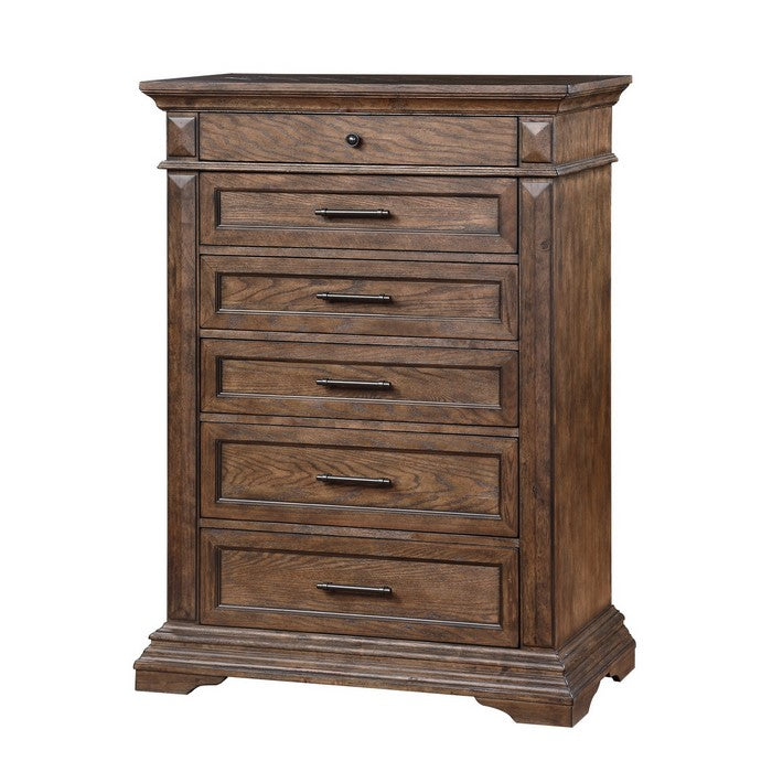 Transitional 6 Drawer Wooden Chest with Molded Details, Walnut Brown