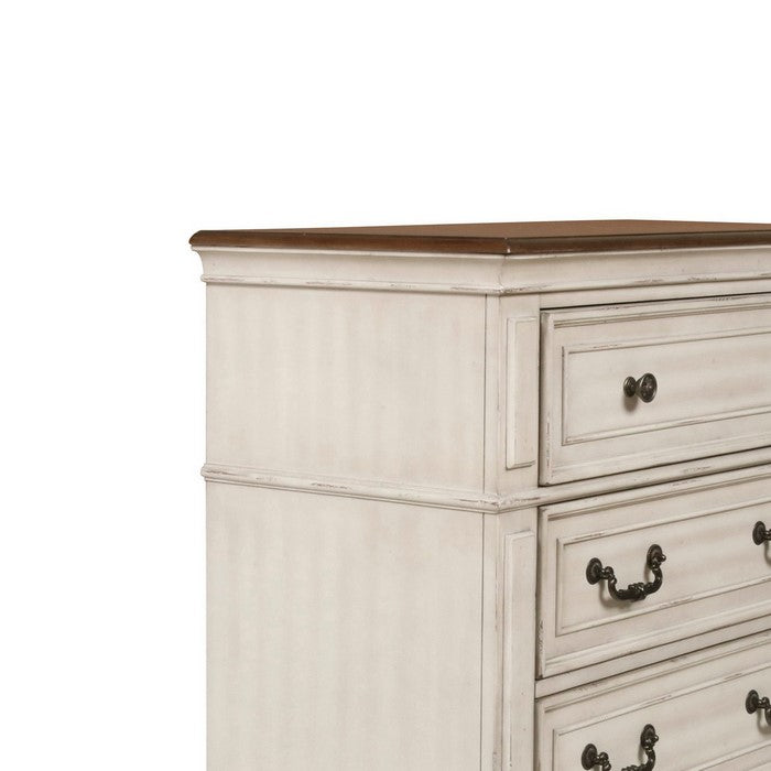 5 Drawer Wooden Chest with Molded Details, Antique White and Brown