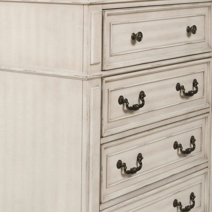5 Drawer Wooden Chest with Molded Details, Antique White and Brown