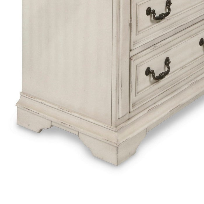 5 Drawer Wooden Chest with Molded Details, Antique White and Brown