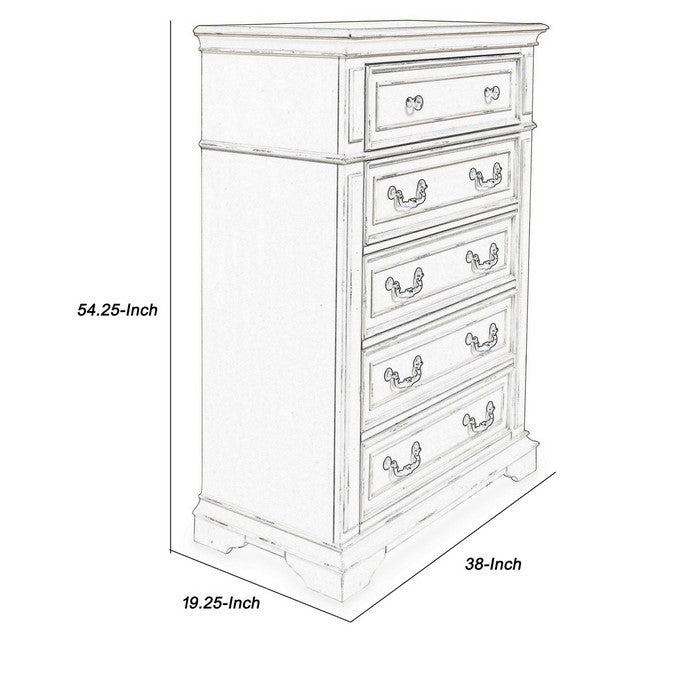 5 Drawer Wooden Chest with Molded Details, Antique White and Brown