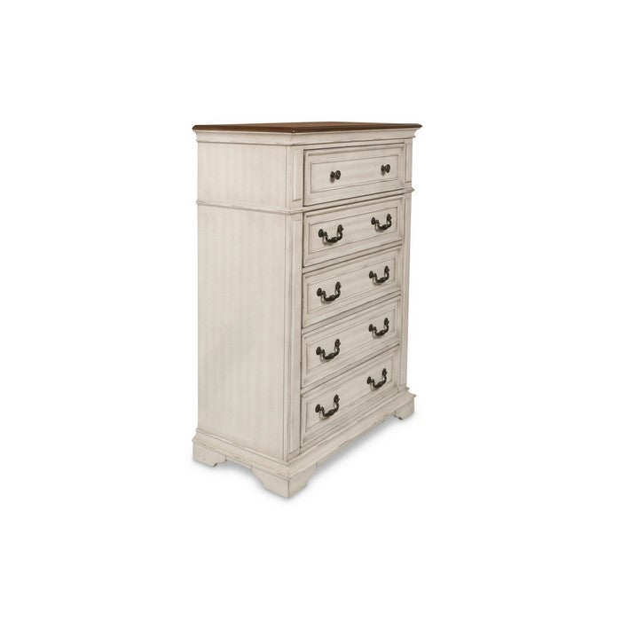 5 Drawer Wooden Chest with Molded Details, Antique White and Brown