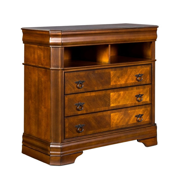 Wooden Media Chest with 3 Drawers and 2 Open Compartments, Cherry Brown