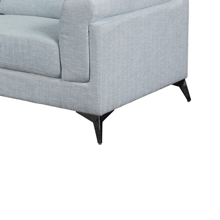 Fabric Upholstered Wooden Sofa with Flared Arms and Metal Feet, Light Blue