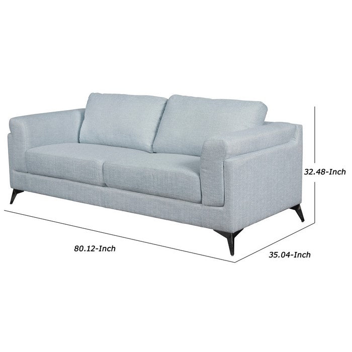 Fabric Upholstered Wooden Sofa with Flared Arms and Metal Feet, Light Blue
