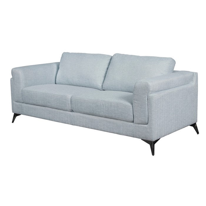 Fabric Upholstered Wooden Sofa with Flared Arms and Metal Feet, Light Blue