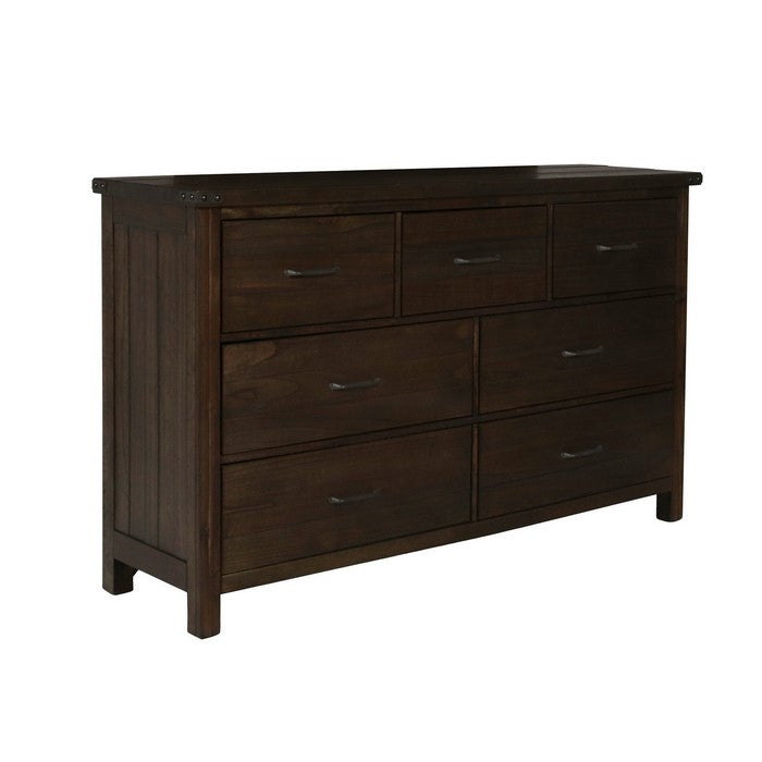 Plank Style 7 Drawer Dresser with Wood Grain Details, Walnut Brown