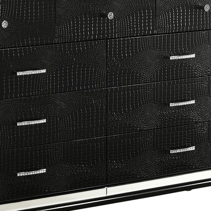 9 Drawer Wooden Dresser with Embossed Texture and Mirror Accents, Black