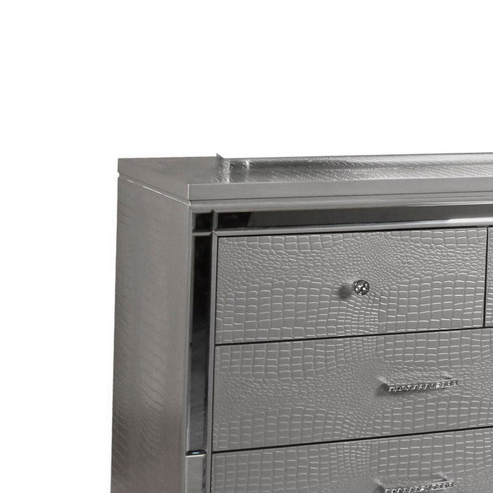 9 Drawer Wooden Dresser with Embossed Texture and Mirror Accents, Silver
