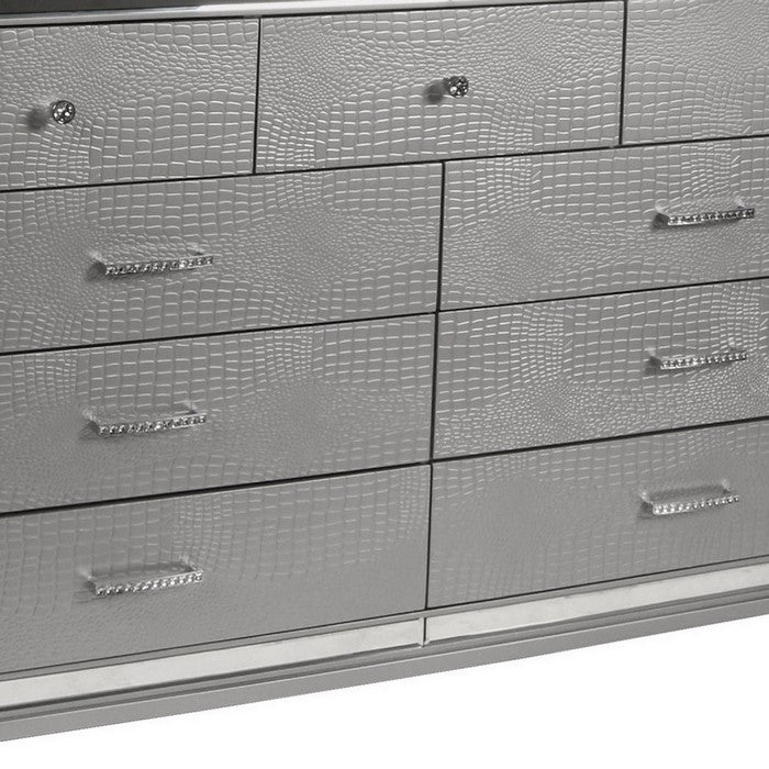 9 Drawer Wooden Dresser with Embossed Texture and Mirror Accents, Silver