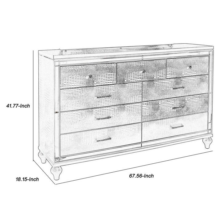 9 Drawer Wooden Dresser with Embossed Texture and Mirror Accents, Silver