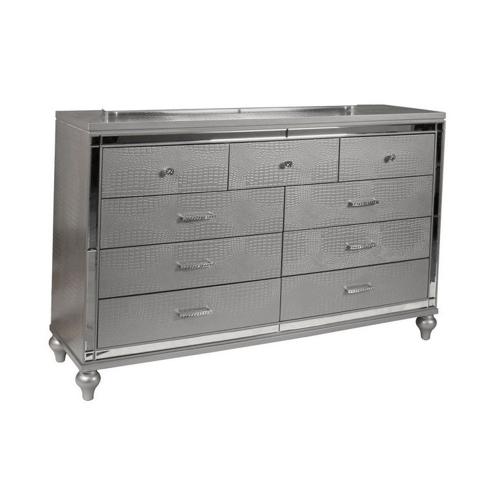 9 Drawer Wooden Dresser with Embossed Texture and Mirror Accents, Silver