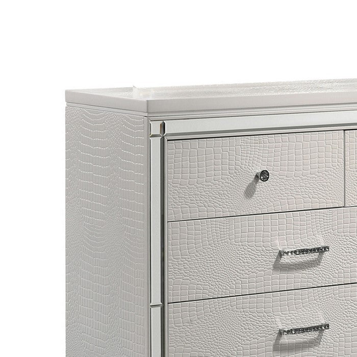9 Drawer Wooden Dresser with Embossed Texture and Mirror Accents, White