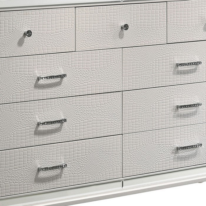 9 Drawer Wooden Dresser with Embossed Texture and Mirror Accents, White