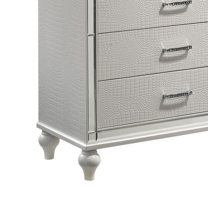 9 Drawer Wooden Dresser with Embossed Texture and Mirror Accents, White