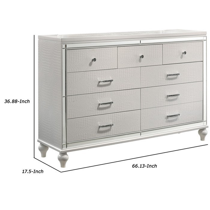 9 Drawer Wooden Dresser with Embossed Texture and Mirror Accents, White