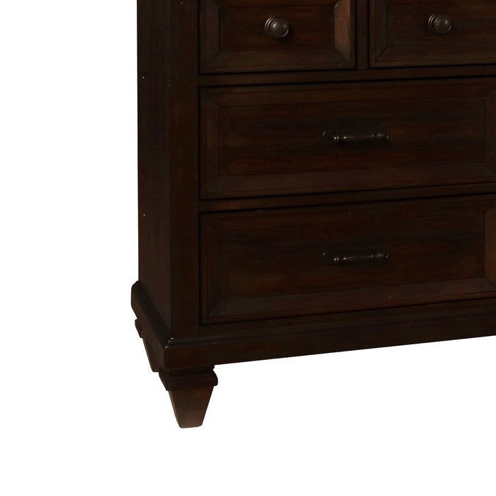 Transitional 7 Drawer Wooden Dresser with Block Tapered Feet, Dark Brown