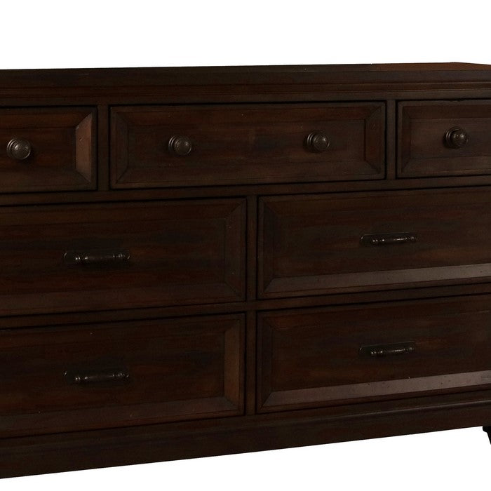 Transitional 7 Drawer Wooden Dresser with Block Tapered Feet, Dark Brown