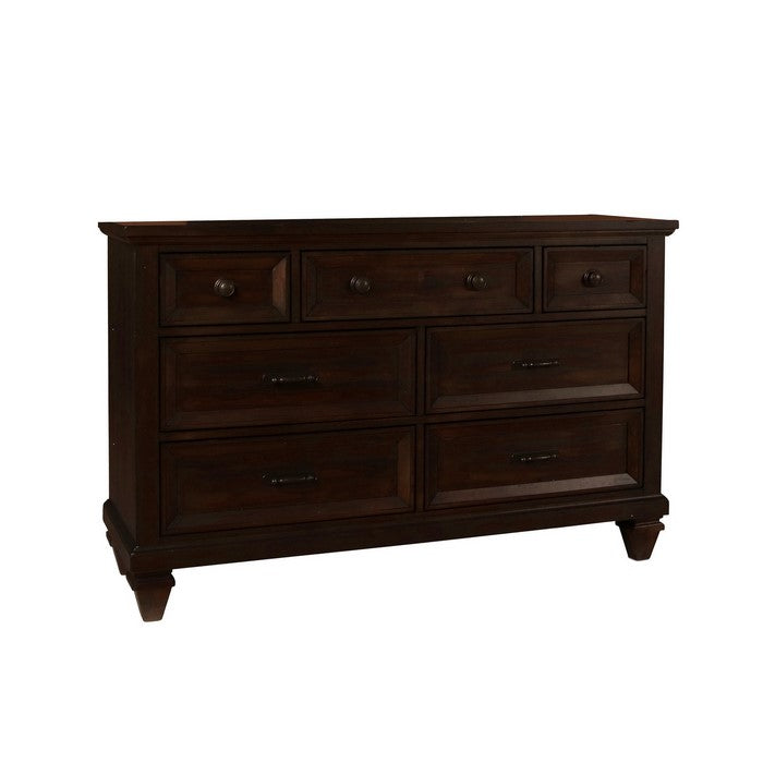 Transitional 7 Drawer Wooden Dresser with Block Tapered Feet, Dark Brown
