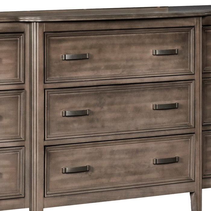 Transitional 9 Drawer Wooden Dresser with Molded Details, Brown