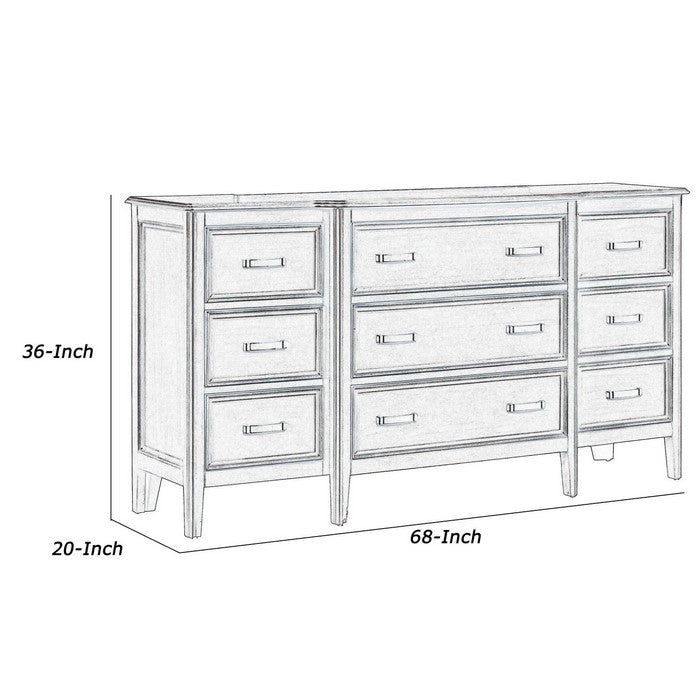 Transitional 9 Drawer Wooden Dresser with Molded Details, Brown