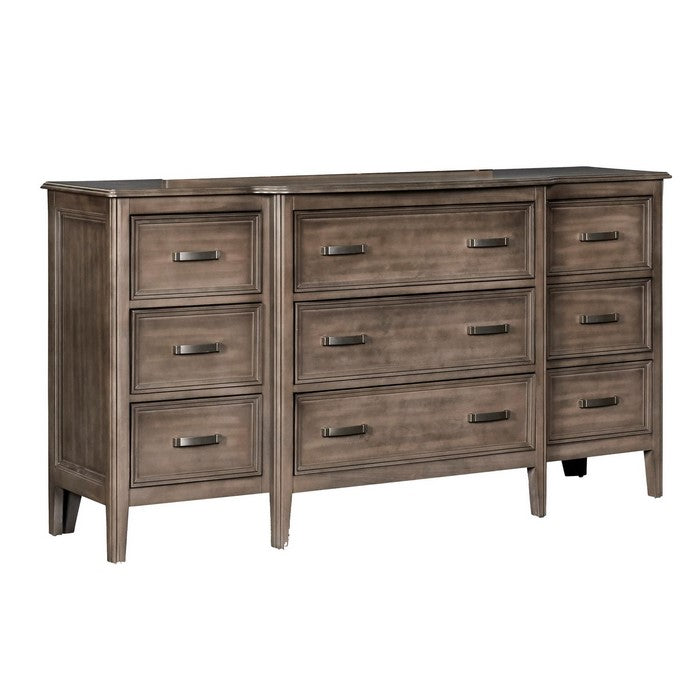 Transitional 9 Drawer Wooden Dresser with Molded Details, Brown