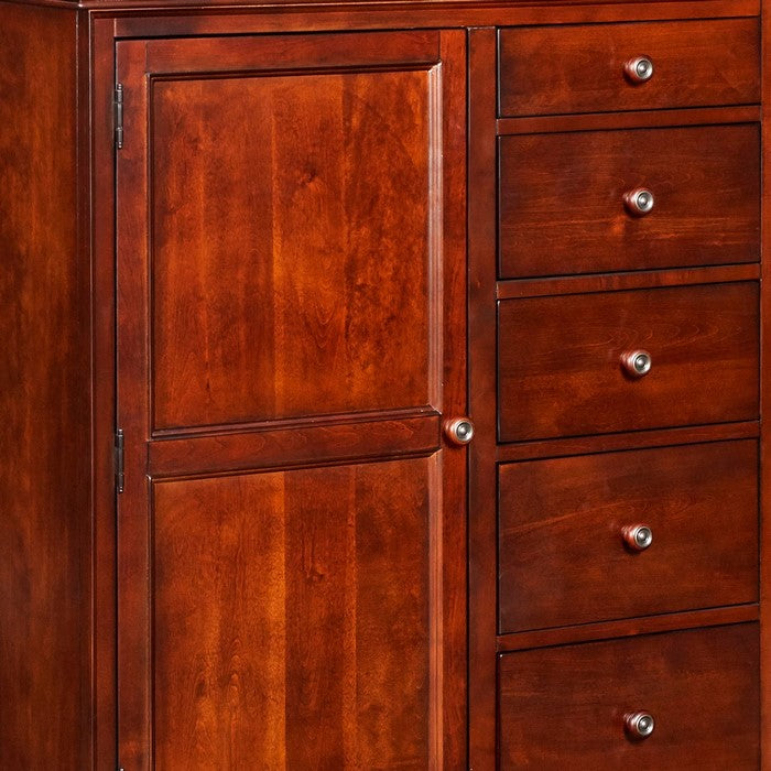 Traditional Style 5 Drawer and 1 Door Chest with Bracket Feet, Cherry Brown