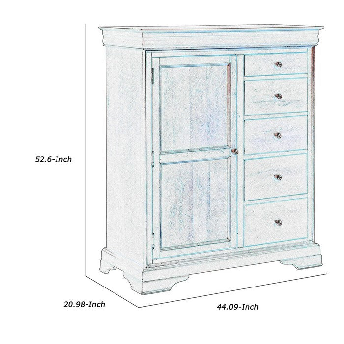 Traditional Style 5 Drawer and 1 Door Chest with Bracket Feet, Cherry Brown