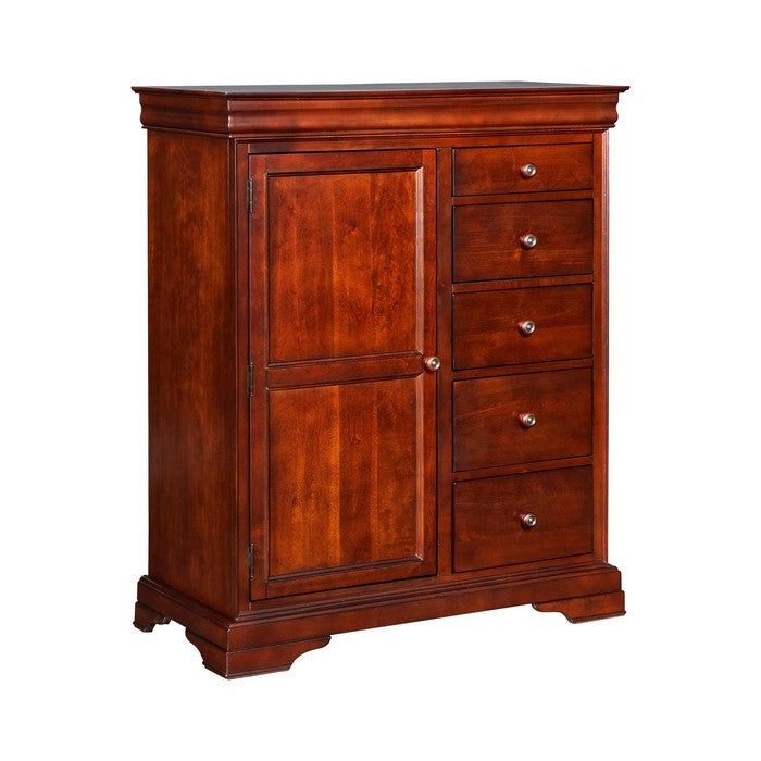 Traditional Style 5 Drawer and 1 Door Chest with Bracket Feet, Cherry Brown