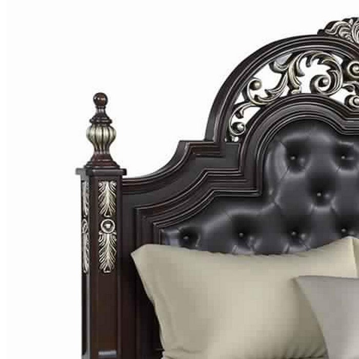 Leatherette Headboard with Intricate Carvings and Mirror Inlay, Brown