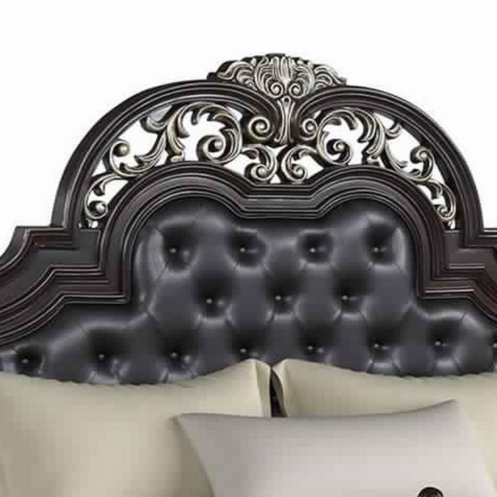 Leatherette Headboard with Intricate Carvings and Mirror Inlay, Brown