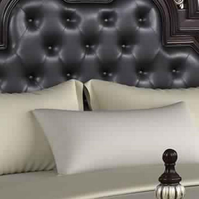 Leatherette Headboard with Intricate Carvings and Mirror Inlay, Brown